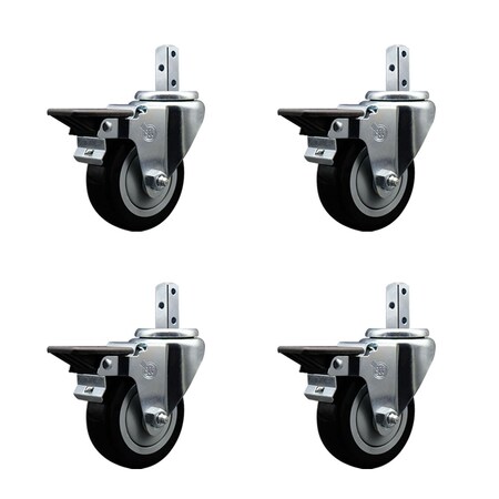 Service Caster 3.5'' Black Poly Wheel Swivel 7/8'' Square Stem Caster Set with Brake, 4PK SCC-SQ20S3514-PPUB-BLK-PLB-78-4